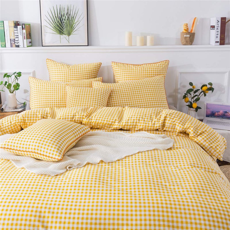 FADFAY Yellow Plaid Duvet Cover Set Queen 100% Cotton Ultra Soft Grid Bedding Reversible Gingham Geometric Checker Bedding Set with Zipper Closure 3Pcs, 1Duvet Cover + 2Pillowcases, Queen Size - Image 1